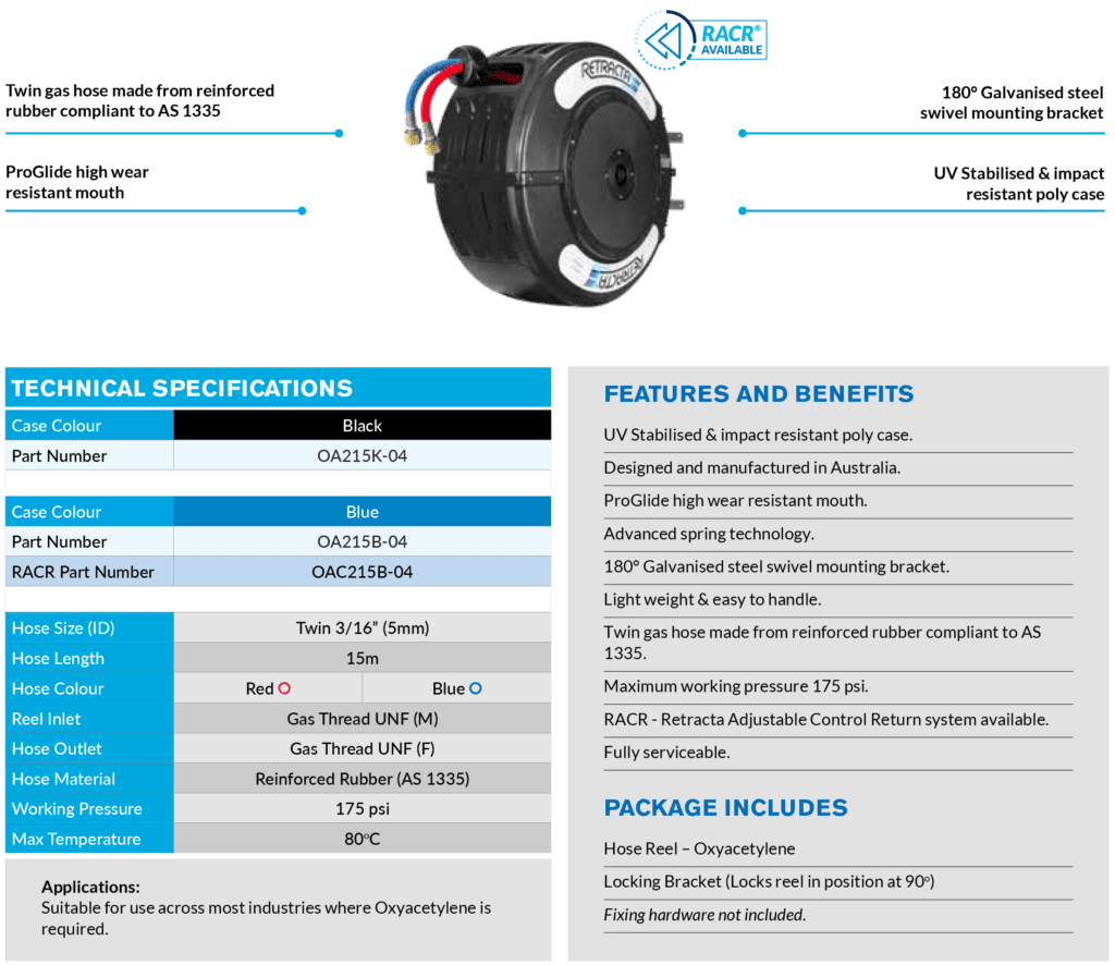 Hose Reels Welding Gas OXYACETYLENE OA215B features