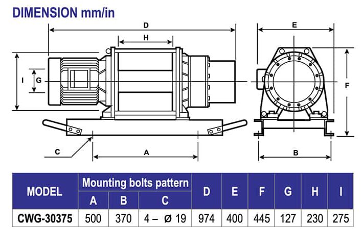 Industrial Electric Winches LACW375 CWG 30375 dimensions